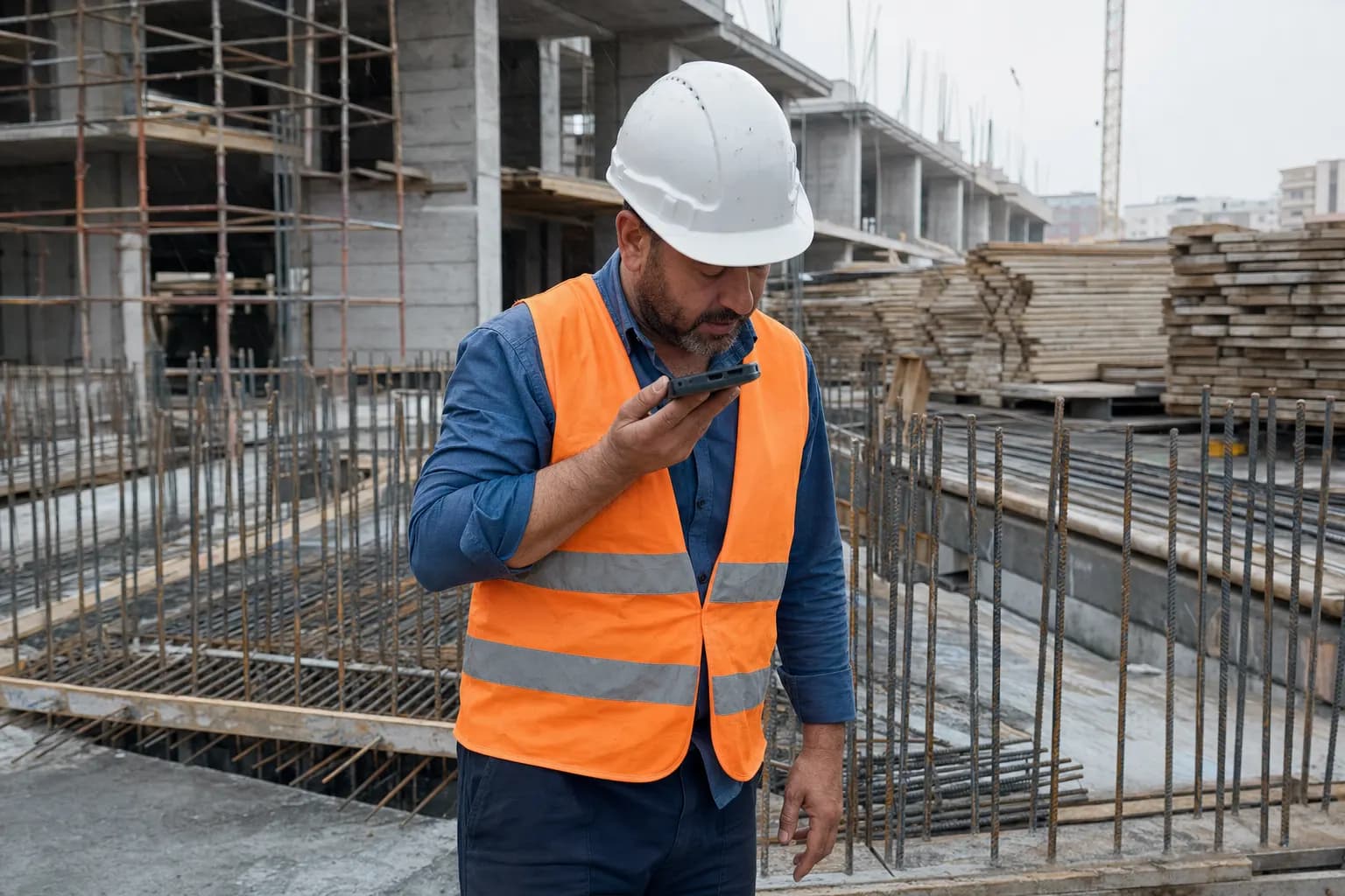 Polier in Warnweste auf einer Baustelle spricht einen kurzen Tagesrapport.