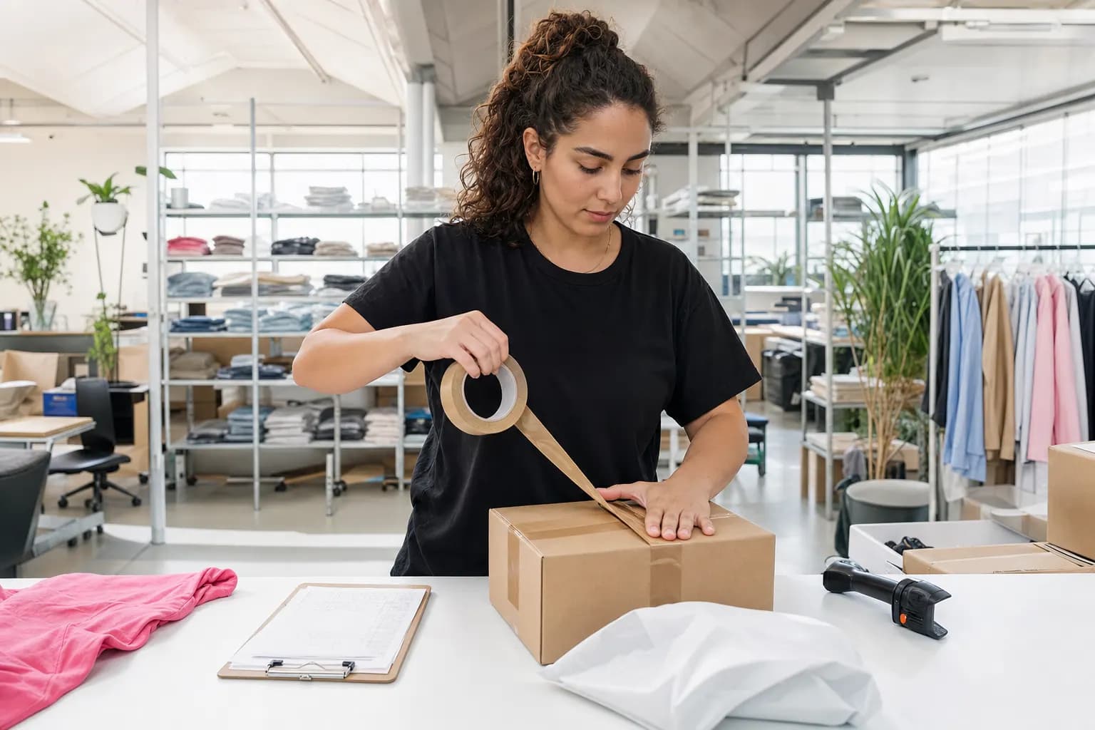 Online-Shop-Gründerin hört Kundenfeedback, während sie ein Paket verpackt.