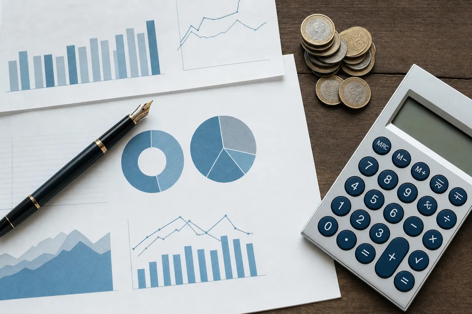 Finanz-Auswertungen mit Diagrammen, Füllfeder, Münzstapel und Taschenrechner auf dem Schreibtisch.