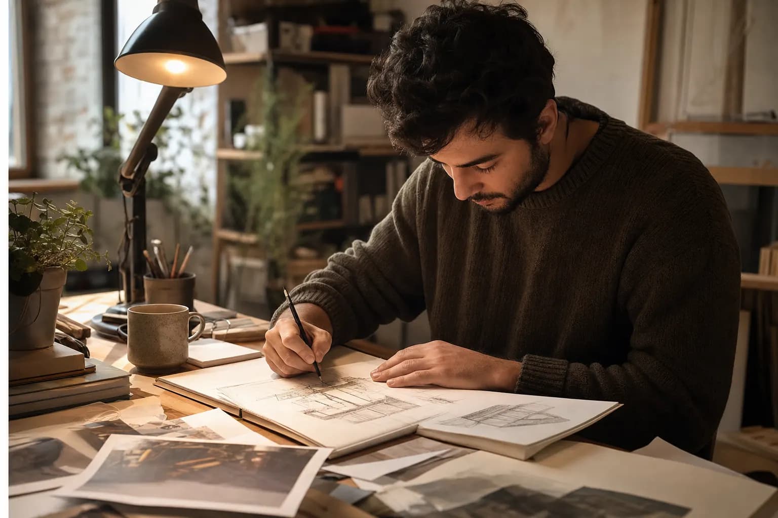 Freelancerin bei der Arbeit an ihrem Schreibtisch in warmem Tageslicht.