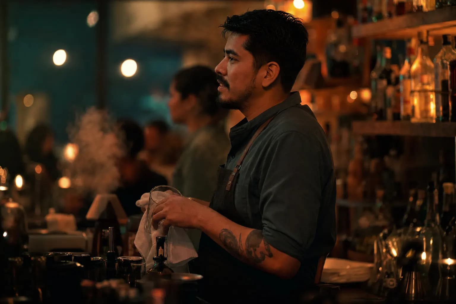 Barkeeper am Tresen einer lebendigen Restaurant-Bar im warmen Abendlicht.