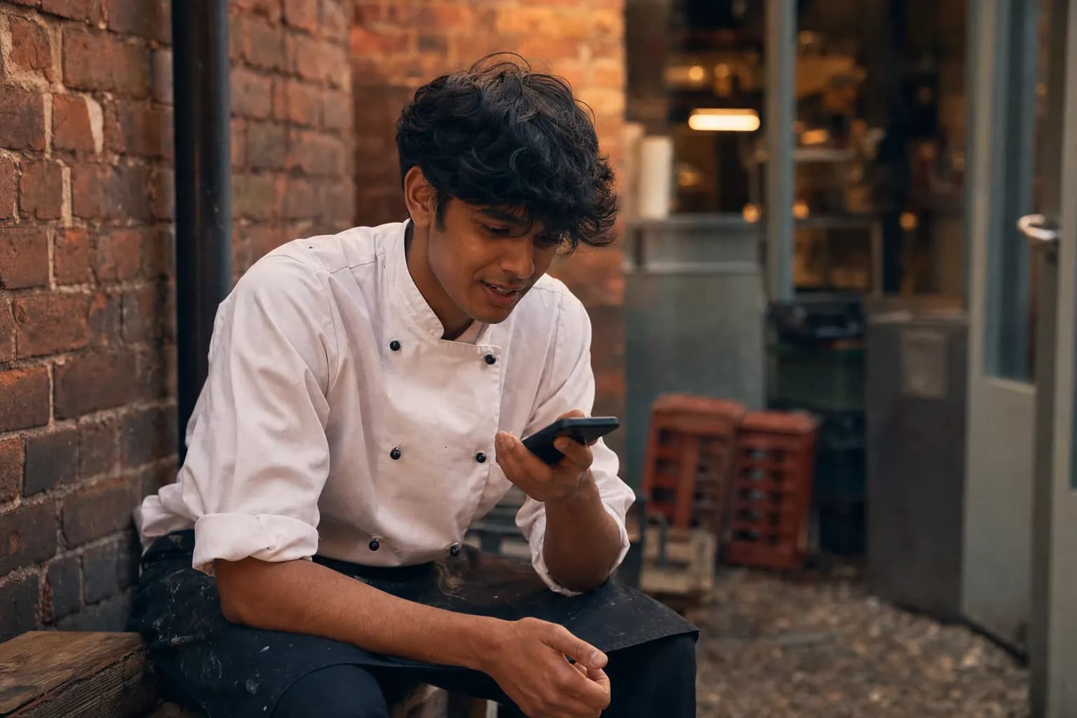 Junger Koch nimmt in der Pause im Hinterhof eine Sprach-Bewerbung auf seinem Telefon auf.