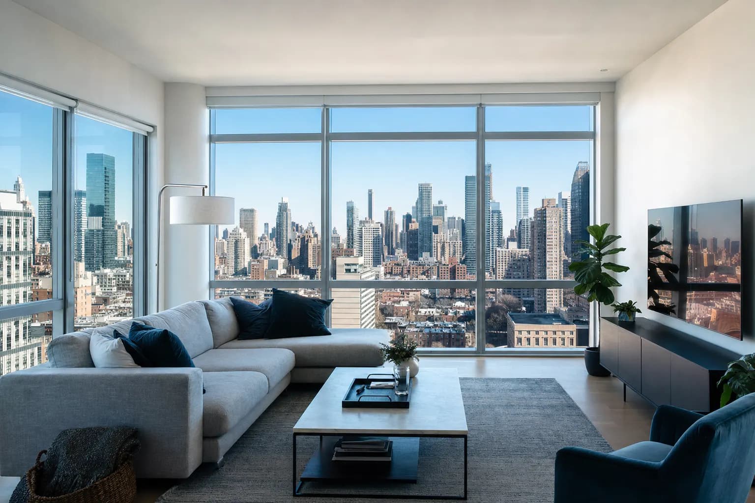 Helles Wohnzimmer einer modernen Wohnung mit Panoramafenster und Stadtblick.