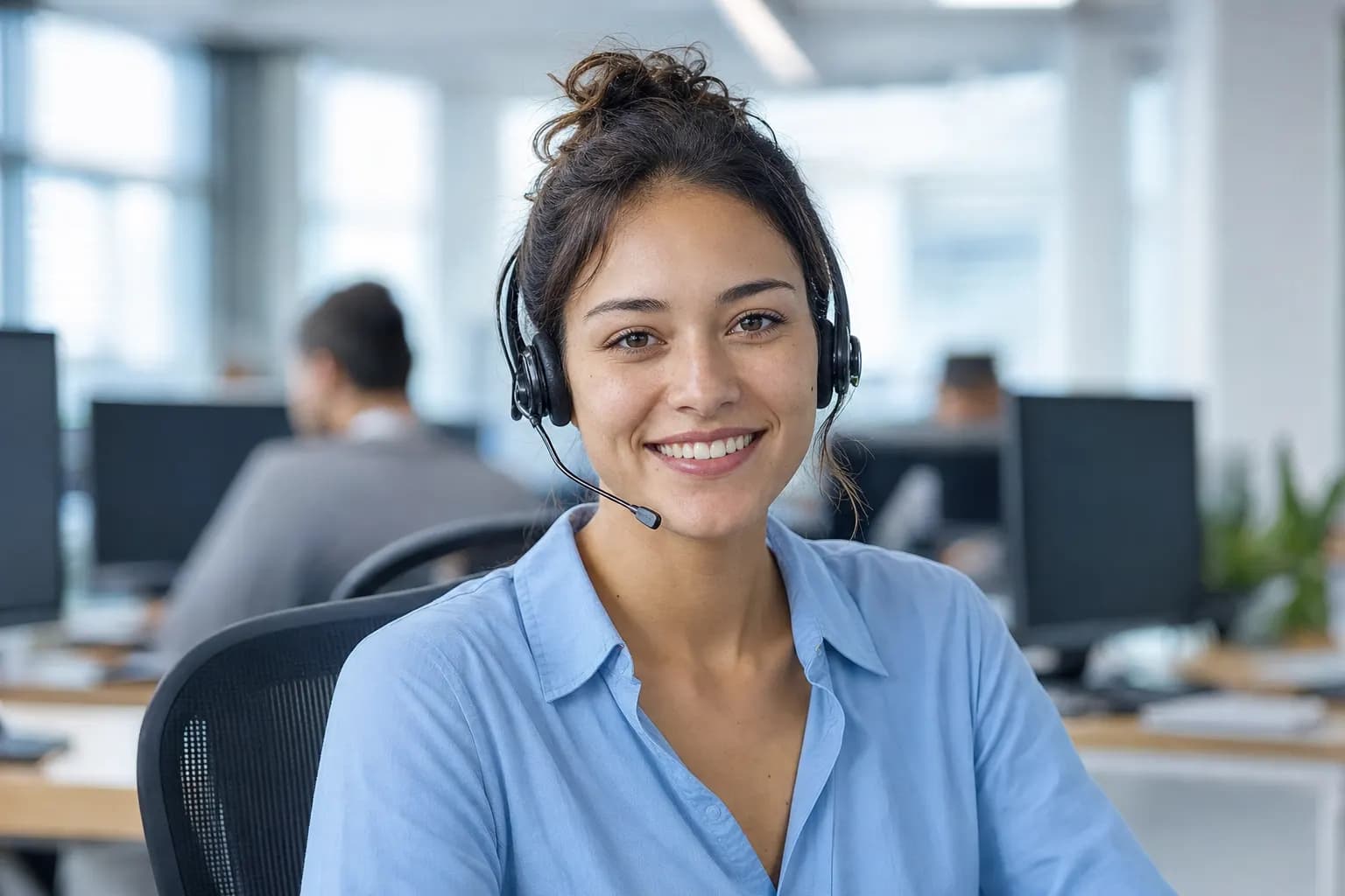 Support-Mitarbeiterin mit Headset an einem aufgeräumten Schreibtisch im hellen Büro.