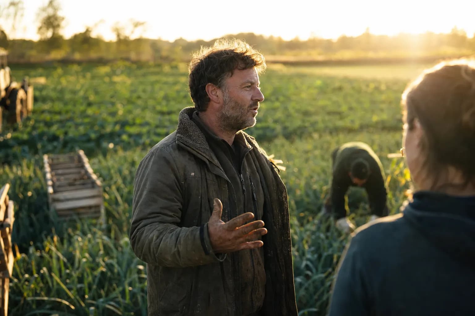 Landwirt steht im Abendlicht in seinem Gemüsefeld und spricht eine kurze Notiz.