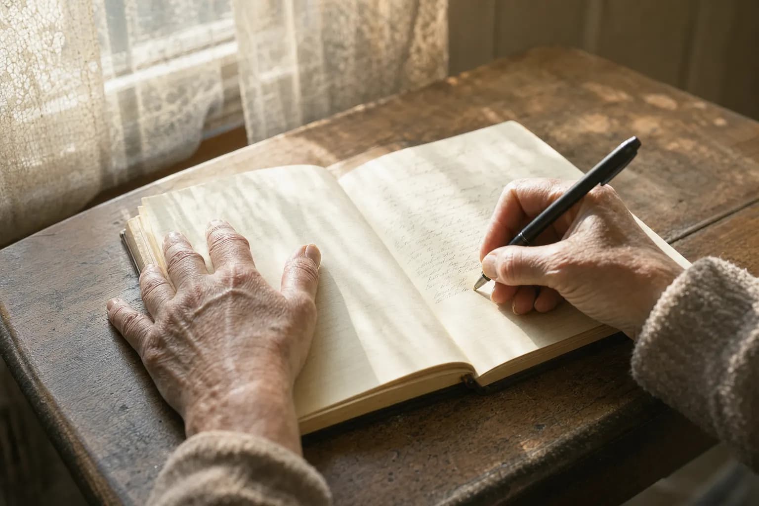 Nahaufnahme: Hand auf einem Pflege-Tagebuch an einem sonnigen Fenster.