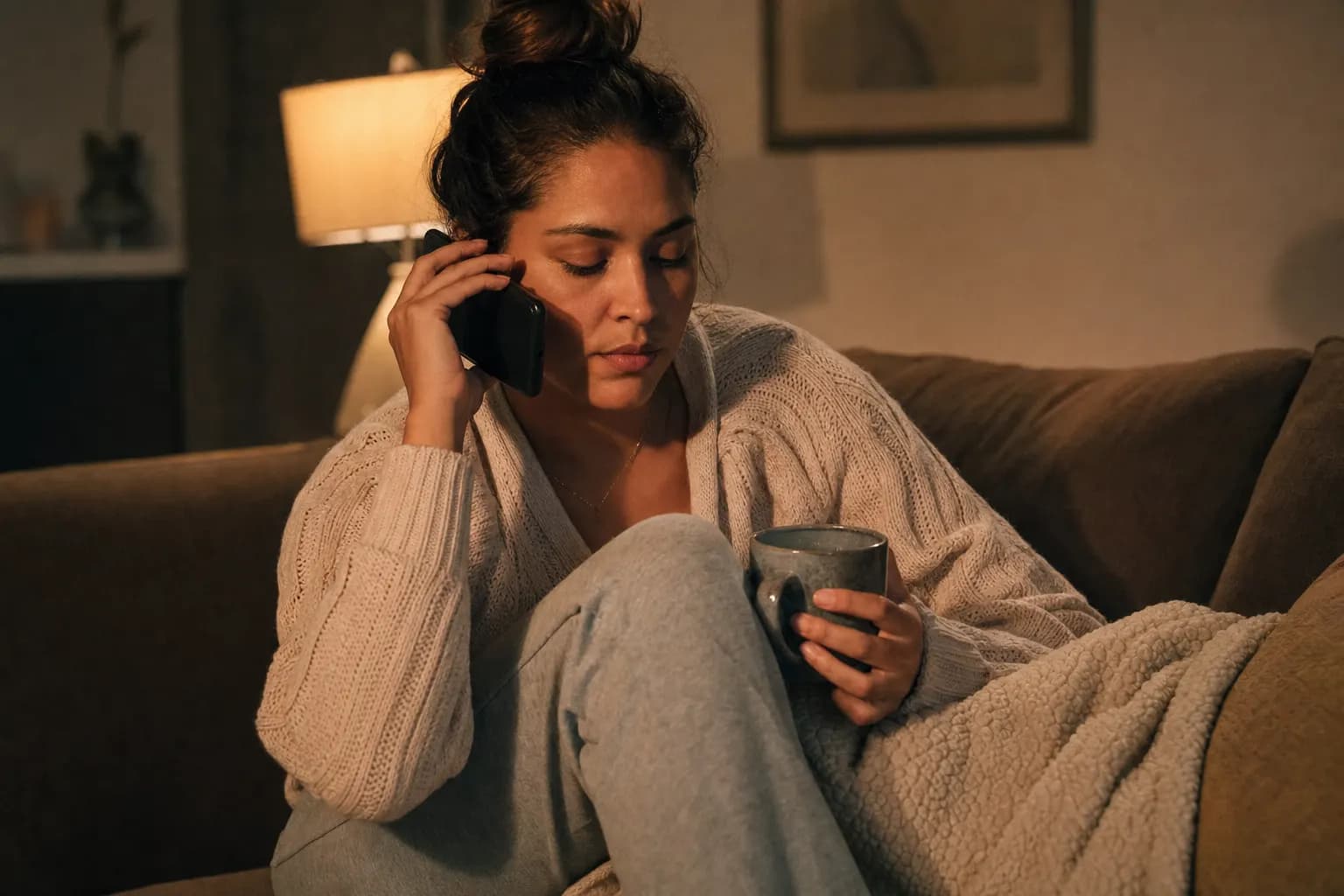 Frau hört zu Hause im warmen Abendlicht eine Sprachnachricht auf ihrem Telefon.